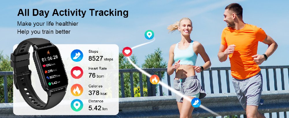 Smartwatch with activity tracking features displayed alongside runners. Watch shows step count, heart rate, calories burned, and distance. Demonstrates all-day fitness monitoring capabilities.